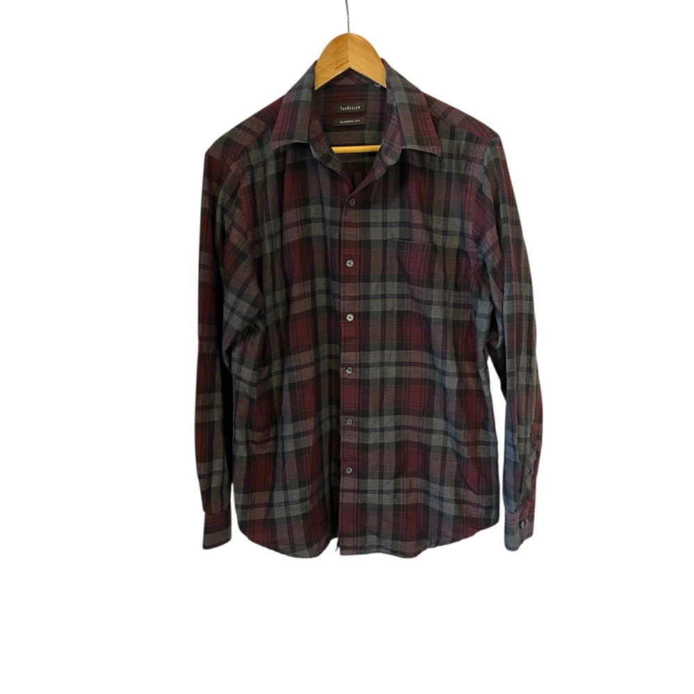 Men's Van Heusen Casual Button Down Shirt M Burgundy Gray Plaid